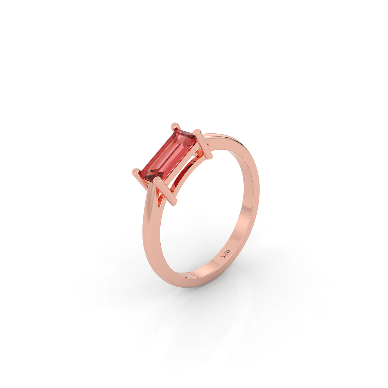 Baguette Cut Garnet Solitaire Ring, Hallmarked 925 Sterling Silver